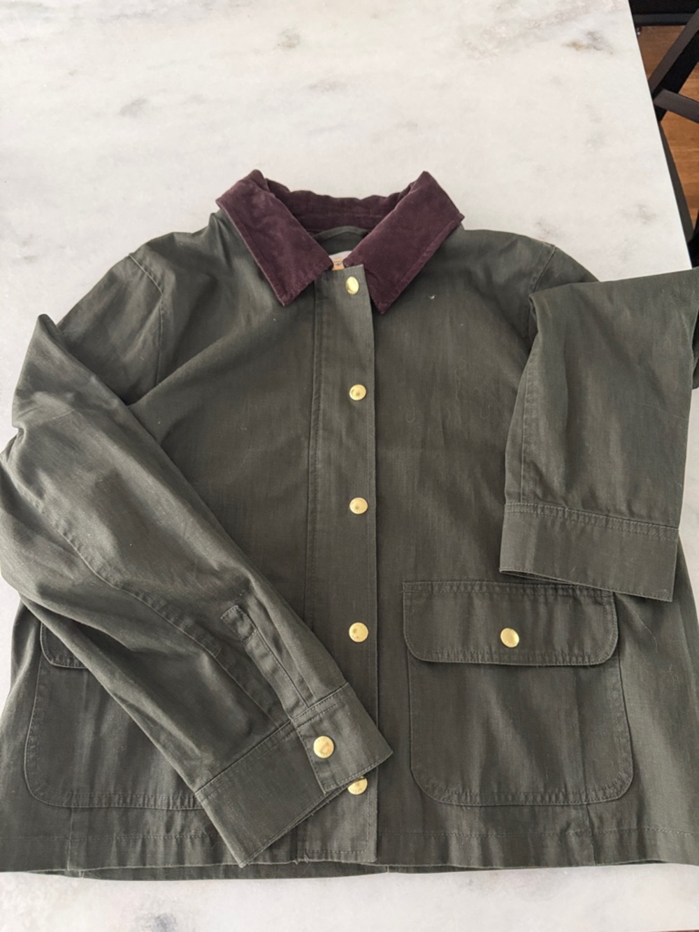 J. Crew Factory Olive Utility Jacket with Brown Corduroy Collar